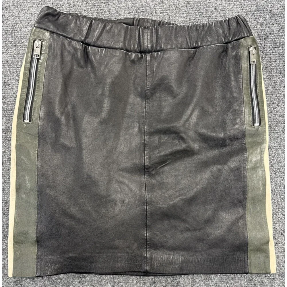Mauritius Genuine Leather Mini Skirt Womens S Black Olive Tan Colorblock Zip